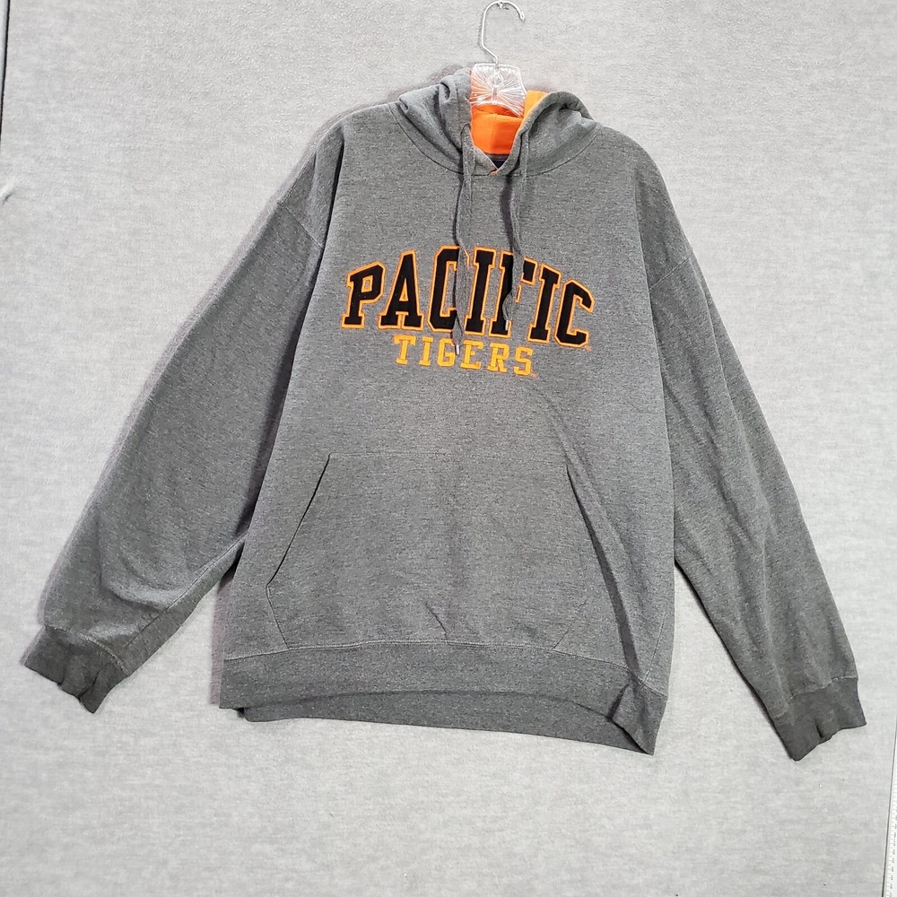 Pacific Tigers Men Sweatshirt Large Gray Logo Embroidered Hoodie Y2K READ